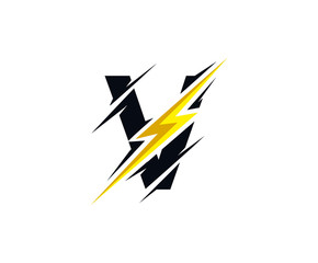 Thunder V Letter icon, flash V electrical logo icon