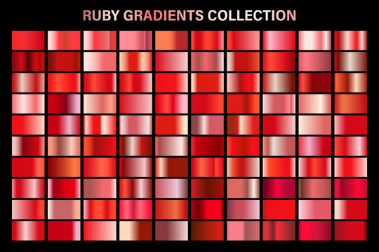 Red ruby glossy gradient, metal foil texture. Color swatch set. Collection of high quality vector gradients. Shiny metallic background. Design element.