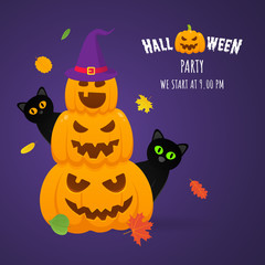 Happy halloween pumpkins pile with scary faces expression grimace, autumn leaves with witch hat and black cats behind flat style design vector illustration isolated on dark background and text.