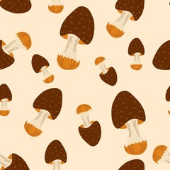 Forest nature seamless vector pattern wiht mushroom illustration. Autumn color decoration with cartoon design.