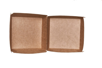 Opened blank kraft-paper  box for burger isolated on white background, top view.