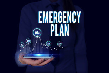 Text sign showing Emergency Plan. Business photo text procedures for handling sudden or unexpected situations Woman wear formal work suit presenting presentation using smart device