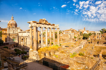 Fototapeta na wymiar Ancient ruins of a Roman Forum or Foro Romano, Rome, Italy. 