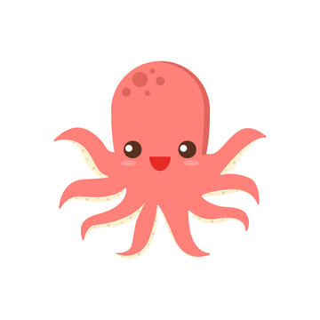 Cute pink cartoon octopus, vector illustration