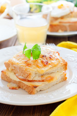 French sandwich with cheese and ham croque monsieur, selective focus