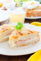 French sandwich with cheese and ham croque monsieur, selective focus