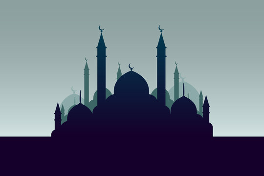 Arabic muslim city with mosque silhouette in Near and Far East for Islam. Holy festival eid background. Ramadan kareem greeting card. Vector illusrtation