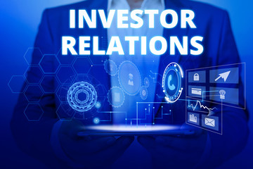 Text sign showing Investor Relations. Business photo text analysisagement responsibility that integrates finance Male human wear formal work suit presenting presentation using smart device