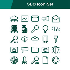 Simple Set of SEO and Internet Marketing Related Vector Line Icons. Contains such Icons as Server Cloud, Search, E-Mail, Start-Up, and more. Editable Stroke. 32x32 Pixel Perfect.