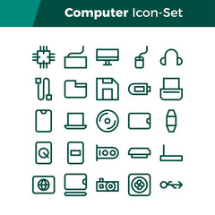 Simple Set of Computer Related Vector Line Icons. Contains such Icons as Processor, Monitor, Folder, Graphic Card and more. Editable Stroke. 32x32 Pixel Perfect.