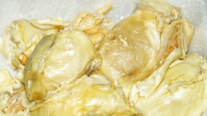 Close up durian flesh yellow white .Tropical fruit. 