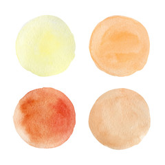 set of yellow, orange, beige pastel watercolor texture circles isolated on a white background