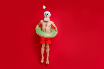 Full length body size view of his he nice attractive funky gray-haired man enjoying leisure having fun poolside pond motion movement air fly isolated over bright vivid shine red background