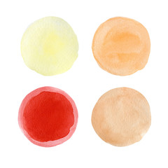 set of yellow, orange, beige pastel watercolor texture circles isolated on a white background