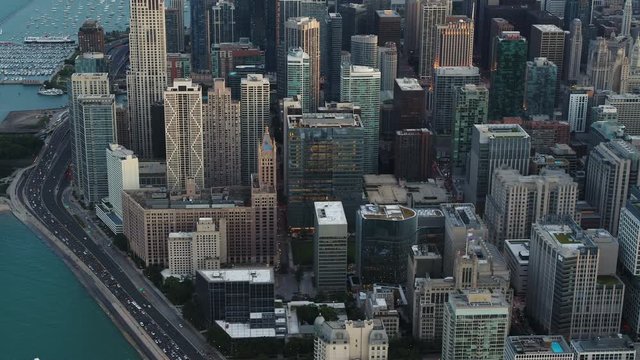 Aerial Reveal of Downtown Chicago at Sunset