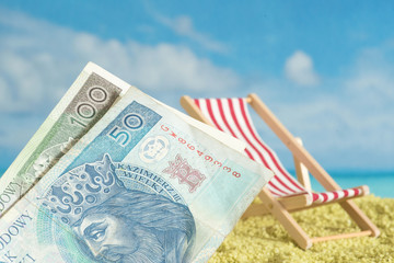 Geldschein Polnische Zloty, Strand und Urlaub - obrazy, fototapety, plakaty