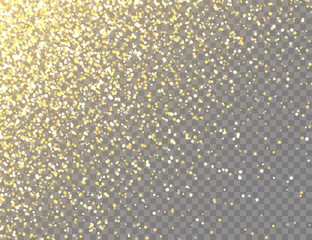 Sparkling Golden Glitter with Bokeh Lights on Transparent Vector Background. Falling Shiny Confetti with Gold Shards. Shining Light Effect for Christmas or New Year Greeting Card.