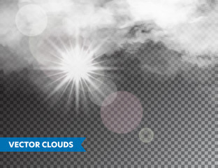 Realistic Clouds with Sun Flare. Isolated Cloud on Transparent Background. Sky Panorama. Vector Design Element.