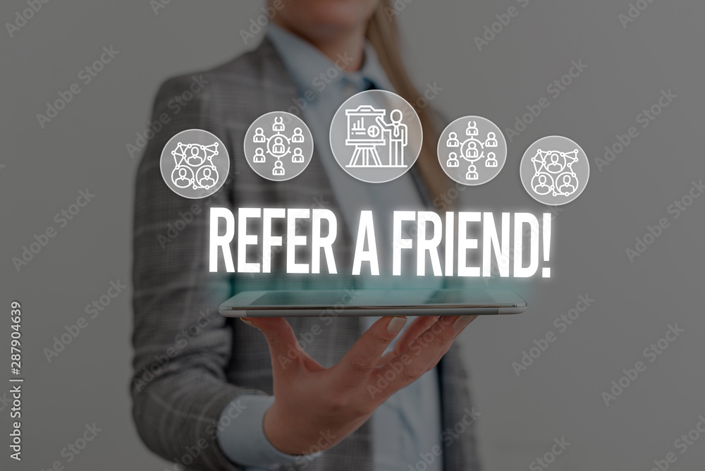 Aufkleber writing note showing refer a friend. business concept for direct someone to another or send him some