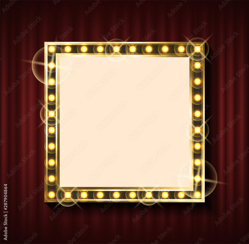 Poster square banner with empty space for filling it with text vector, luxurious frame with golden bulbs. v