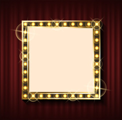 Square banner with empty space for filling it with text vector, luxurious frame with golden bulbs. Vintage retro style of framing, red curtain background