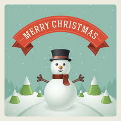 Christmas snowman on landscape background for greeting card vector illustration