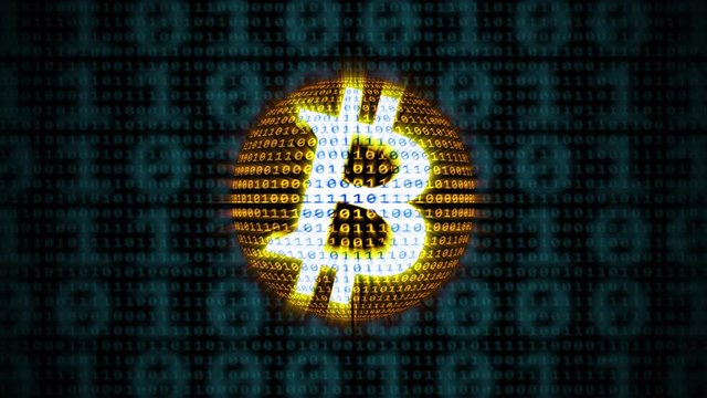 Loopable: Bitcoin cryptocurrency public domain logo animated with randomly changing binary digits on a shiny spinning sphere.