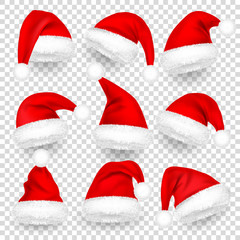 Christmas Santa Claus Hats With Fur and Shadow Set. New Year Red Hat Isolated on Transparent Background. Winter Cap. Vector illustration.