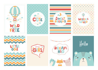 Vector set of cute greeting cards for baby in a simple Scandinavian style and pastel palette. Ideal for children's rooms