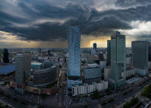 storm over the modern city center - Warsaw, Poland
