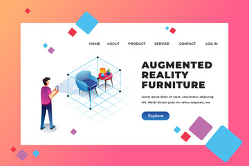 A Man Trying Augmented Reality Furniture on His Phone - Isometric Web Page Header Landing Page Template Illustration