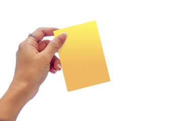 woman hand holding the yellow card on white clear background.