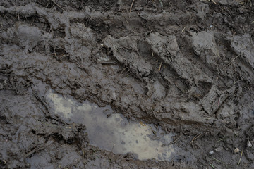 Liquid mud with water in which the track from the tractor tires was perfectly imprinted