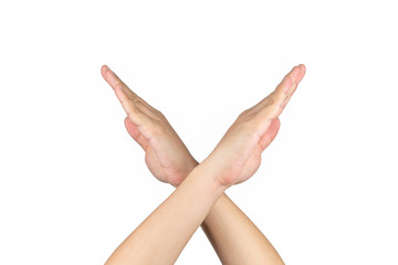 Asian Thai males raises up his arms hands hand finger and isolated post cross together on the white...