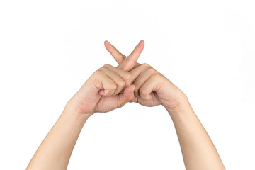 Asian Thai males raises up his arms hands hand finger and isolated post cross together on the white...