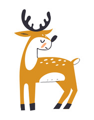 Cute deer with antlers. Deer in scandinavian style. Hoofed ruminant mammals. Cartoon animal design. Flat vector illustration isolated on white background.