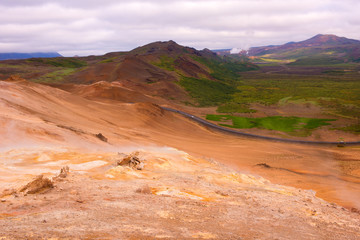 Namafjall Hverir geothermal area in North Iceland. Sulfur fields near of Mývatn lake, Iceland, Europe.