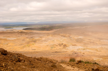 Namafjall Hverir geothermal area in North Iceland. Sulfur fields near of Mývatn lake, Iceland, Europe.