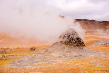 Namafjall Hverir geothermal area in North Iceland. Sulfur fields near of Mývatn lake, Iceland, Europe.