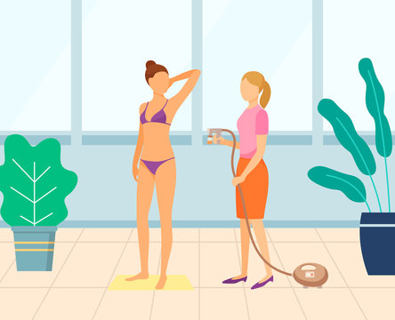 Cosmetologist using aerograph and spraying fake tan on young female wearing purple bikini in beauty salon. Woman tanning, airbrush machine vector. Flat cartoon