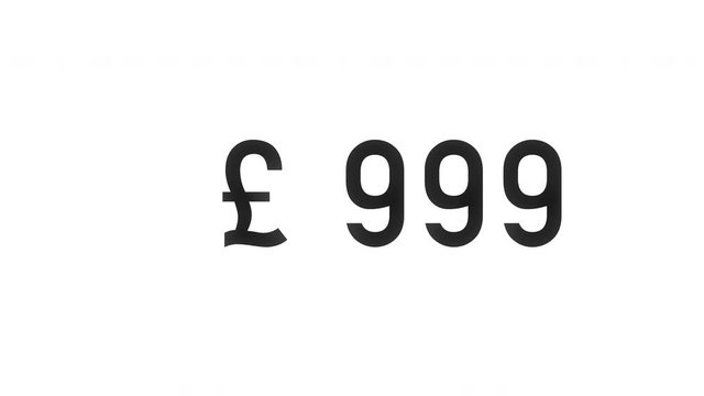 Exponential growth concept. Sliding digits of British pound amount growing faster and faster. Black digits on white background.