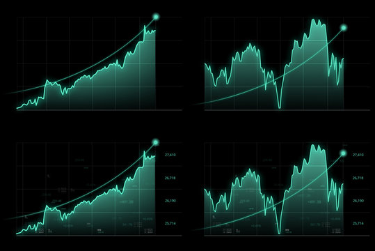 Stock graphs or statistical data showing business profits on a pure black background. Holographic graphs and stock market statistics. Display of good economy form digital screen.