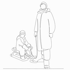 mom and son are walking with sleds in winter