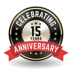 Celebrating 15 Years - Gold Anniversary Badge With Red Ribbon