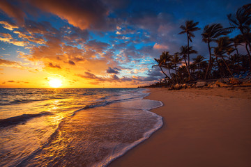 Landscape of paradise tropical island beach, sunrise shot