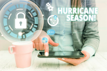 Text sign showing Hurricane Season. Business photo showcasing time when most tropical cyclones are expected to develop woman icons smartphone computer tablet office supply technological device