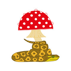 Isolated doodle fly agaric with a snake.