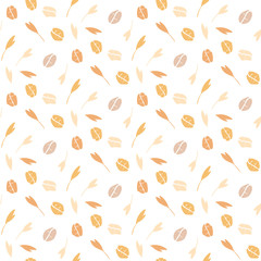 Seamless pattern with oat flakes on white background. Cereal plants, agriculture industry organic crop products for oat groats flakes, oatmeal packaging design.Oat flakes seamless background.
