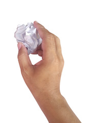 Paper ball in hand. Junk paper with wrinkled on a white background