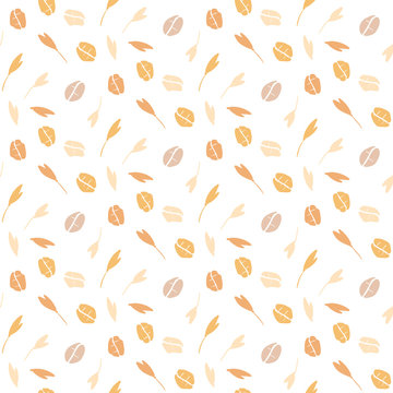 Seamless pattern with oat flakes on white background. Cereal plants, agriculture industry organic crop products for oat groats flakes, oatmeal packaging design.Oat flakes seamless background.